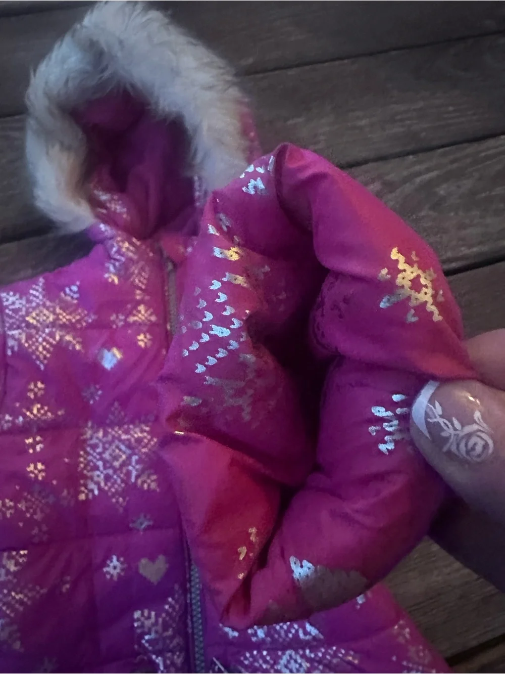 Arctic Quest Pink Snowflake-Print Puffer Jacket with Faux Fur Hood